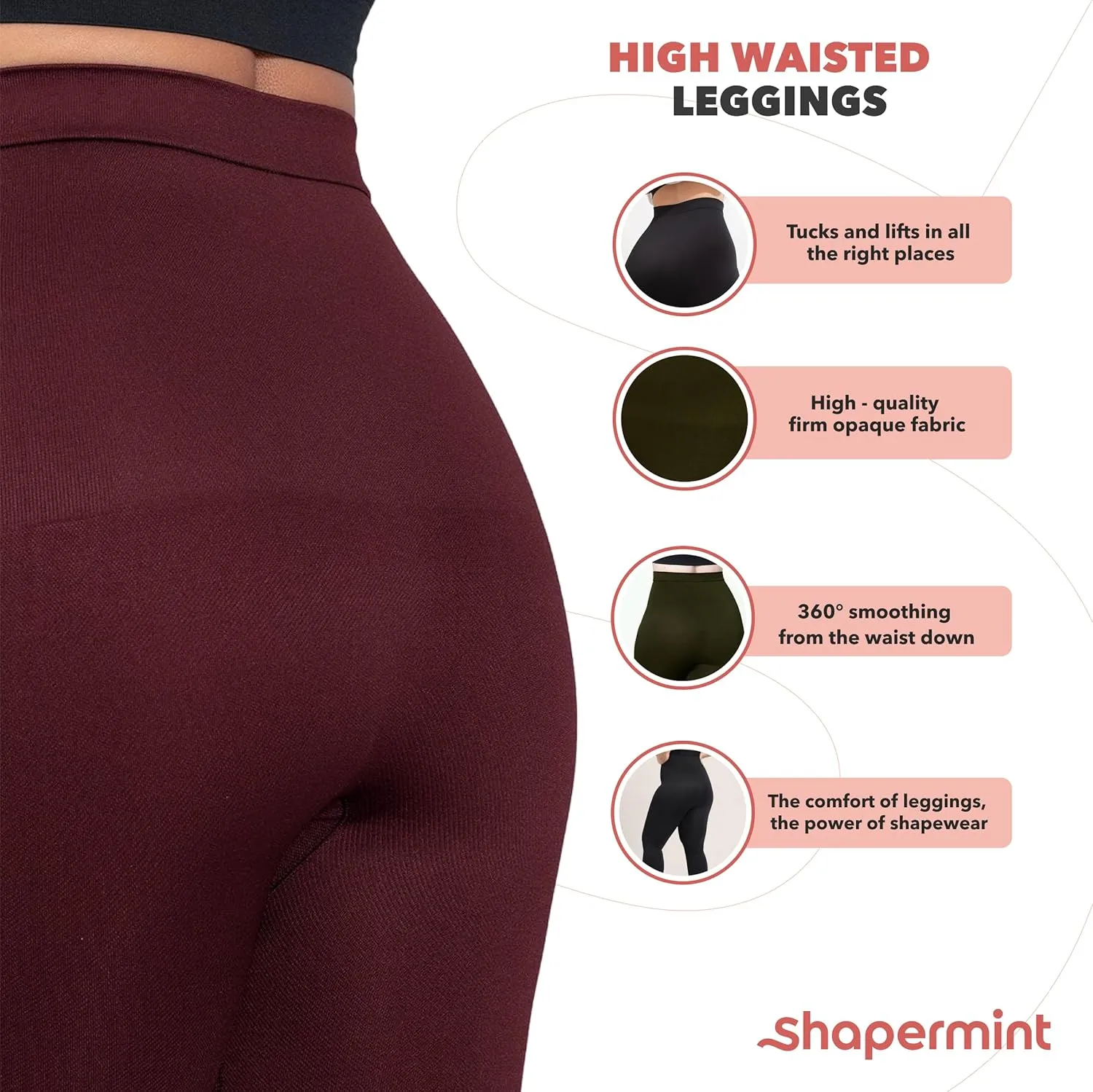 SHAPERMINT Leggings for Women Tummy Control - High Waisted Shapewear Leggings, Womens Plus Size, Thick Non-See-Through