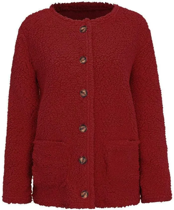 Sherpa Jacket Women 2024 Plus Size Open Front Long Sleeve Button Coat Casual Fuzzy Fall Winter Cardigan Outerwear