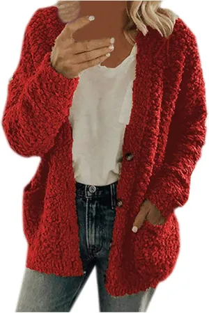 Sherpa Jacket Women 2024 Plus Size Open Front Long Sleeve Button Coat Casual Fuzzy Fall Winter Cardigan Outerwear