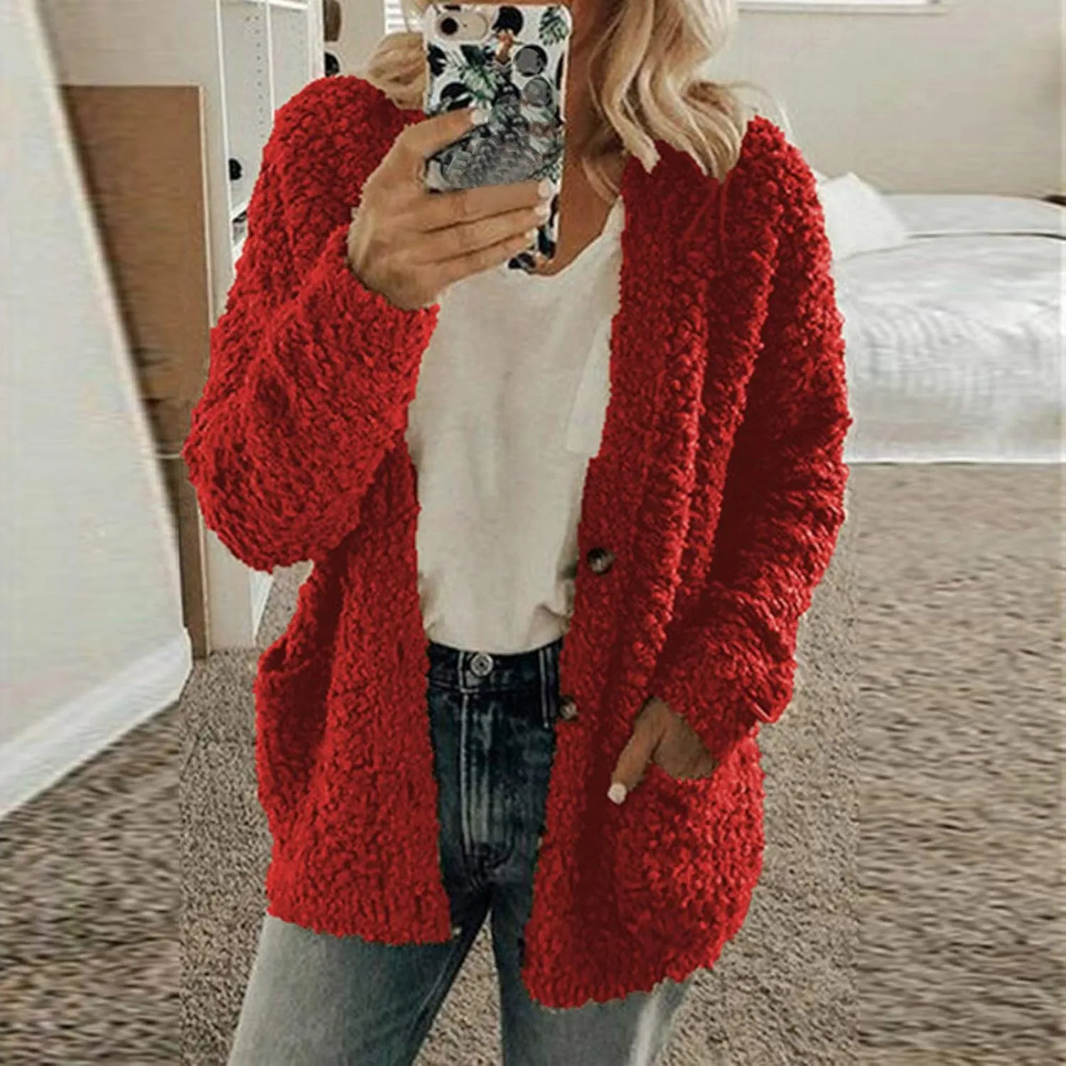 Sherpa Jacket Women 2024 Plus Size Open Front Long Sleeve Button Coat Casual Fuzzy Fall Winter Cardigan Outerwear