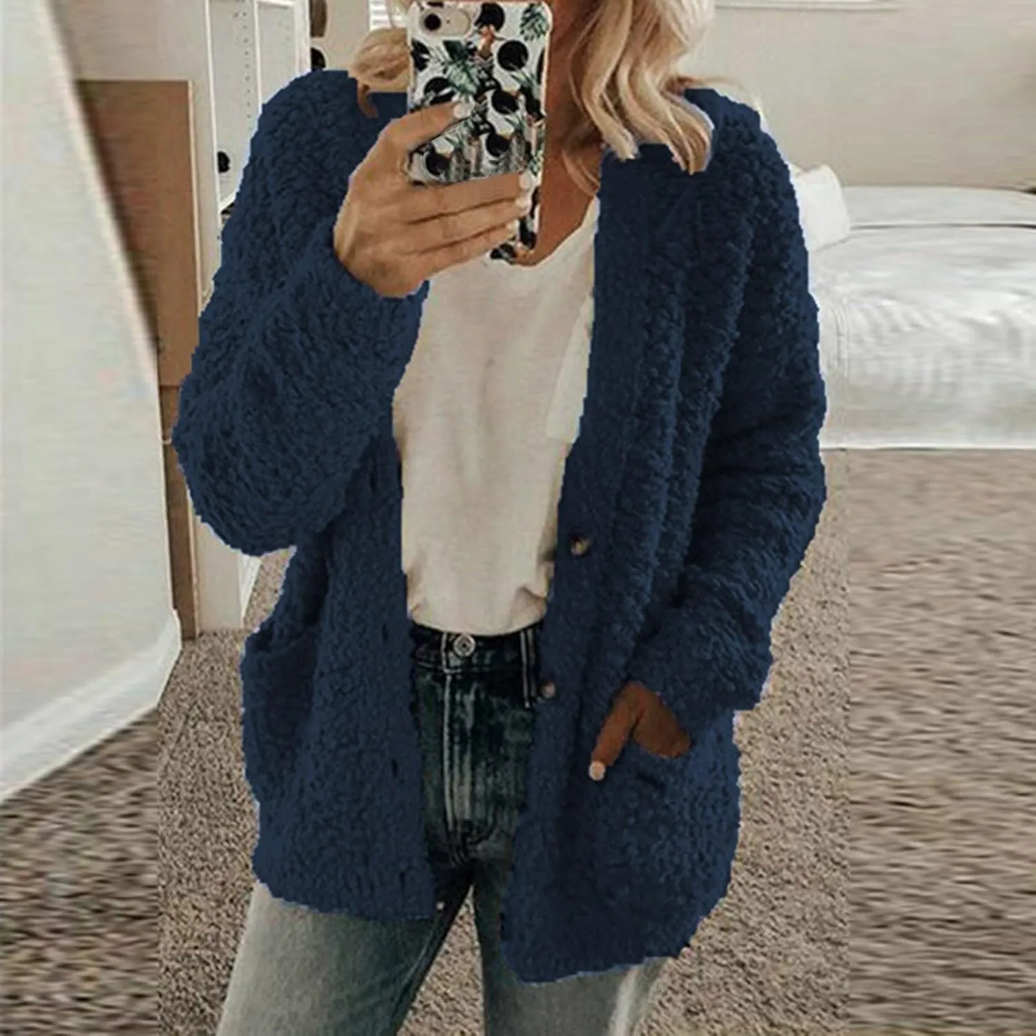 Sherpa Jacket Women 2024 Plus Size Open Front Long Sleeve Button Coat Casual Fuzzy Fall Winter Cardigan Outerwear