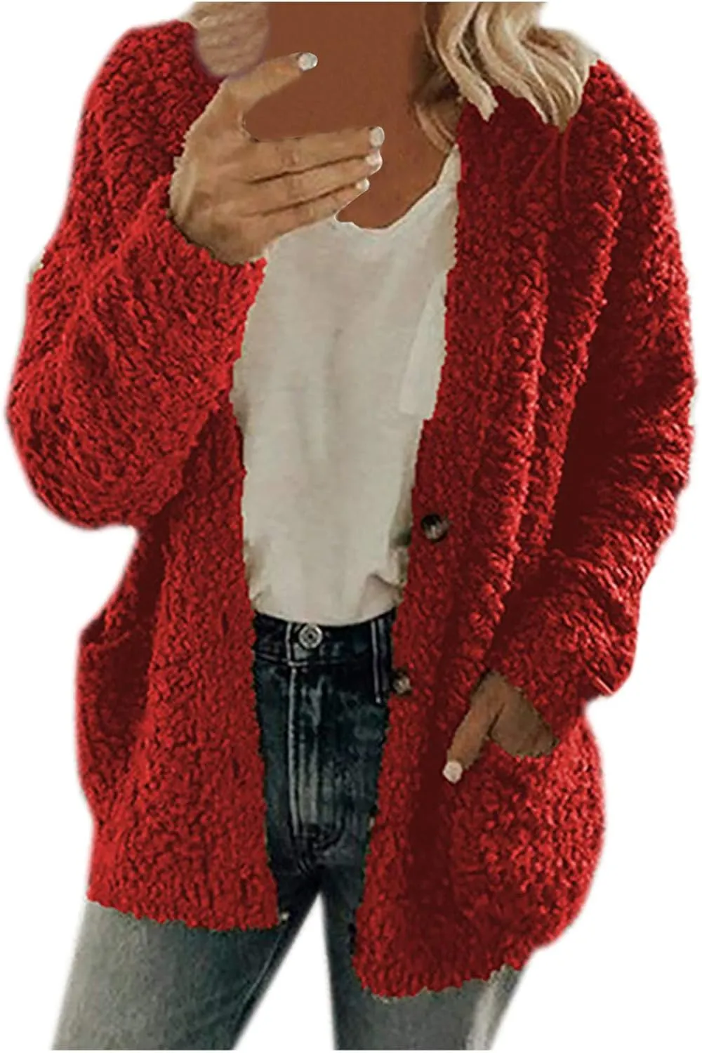Sherpa Jacket Women 2024 Plus Size Open Front Long Sleeve Button Coat Casual Fuzzy Fall Winter Cardigan Outerwear