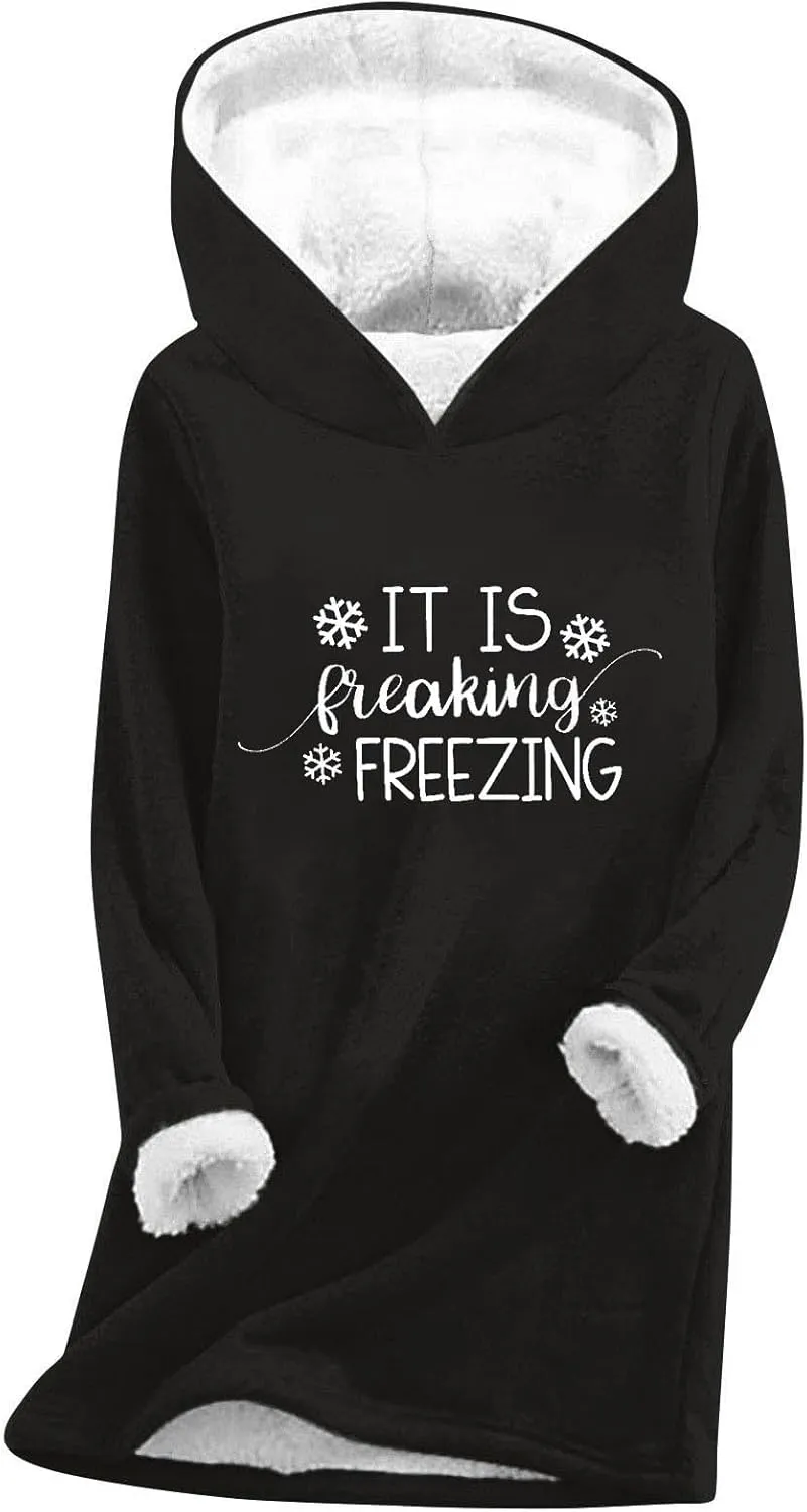 Sherpa Lined Hoodie for Women Oversized Fleece Lined Crewneck Pullover Tops Winter Thicken Fuzzy Thermal Sweatshirts
