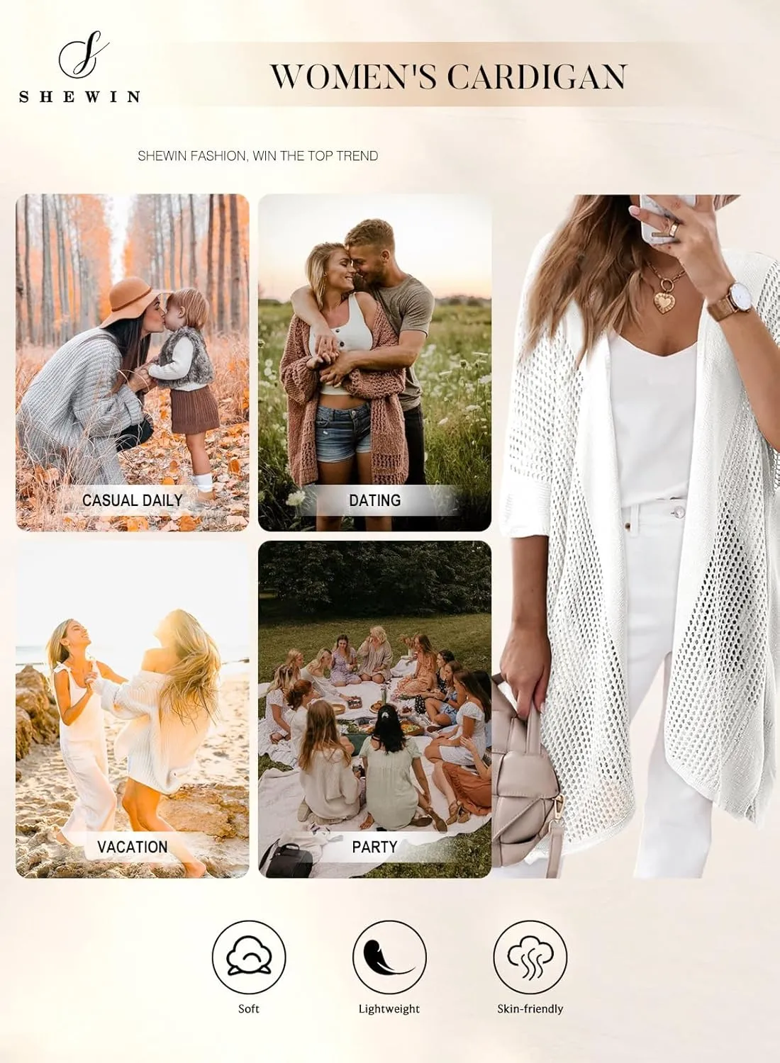 SHEWIN Cardigan Sweaters for Women 3/4 Sleeve Open Front Cover Up Crochet Lightweight Summer Cardigans Sweater