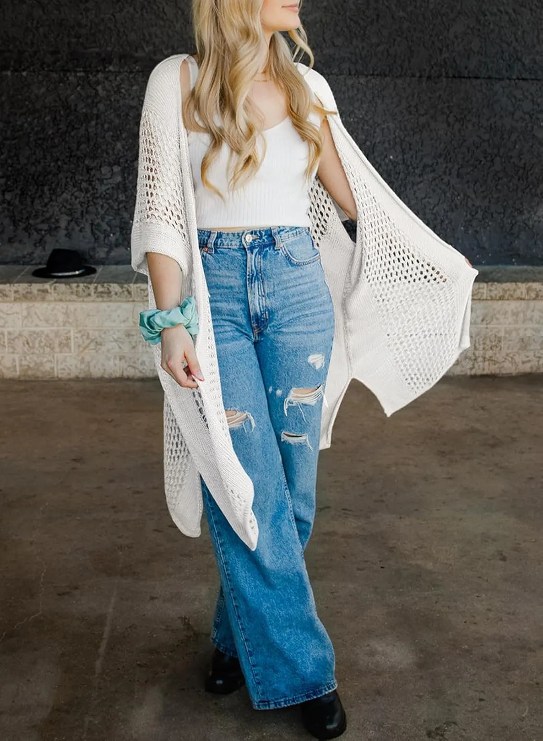SHEWIN Cardigan Sweaters for Women 3/4 Sleeve Open Front Cover Up Crochet Lightweight Summer Cardigans Sweater