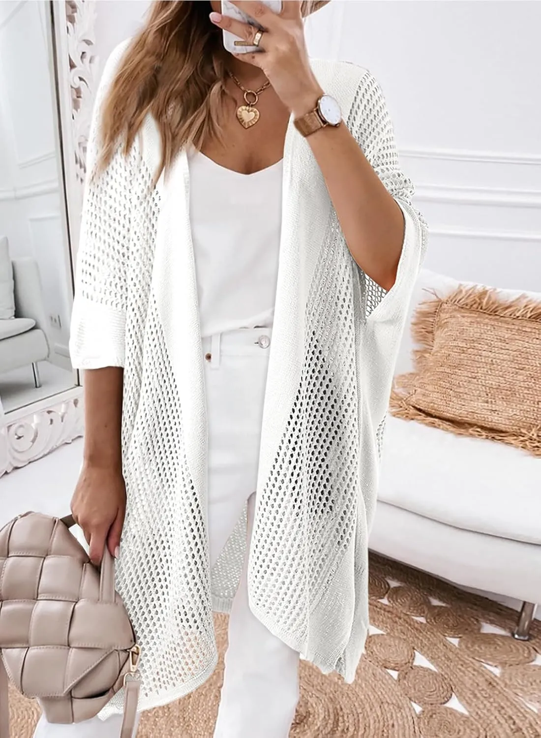 SHEWIN Cardigan Sweaters for Women 3/4 Sleeve Open Front Cover Up Crochet Lightweight Summer Cardigans Sweater