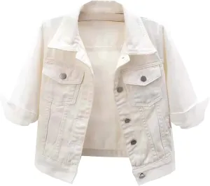 Short Sleeve Denim Jacket for Women 3/4 Sleeve Cropped Light Wash Short Jean Jacket Slim Trucker Coat Denim Tops