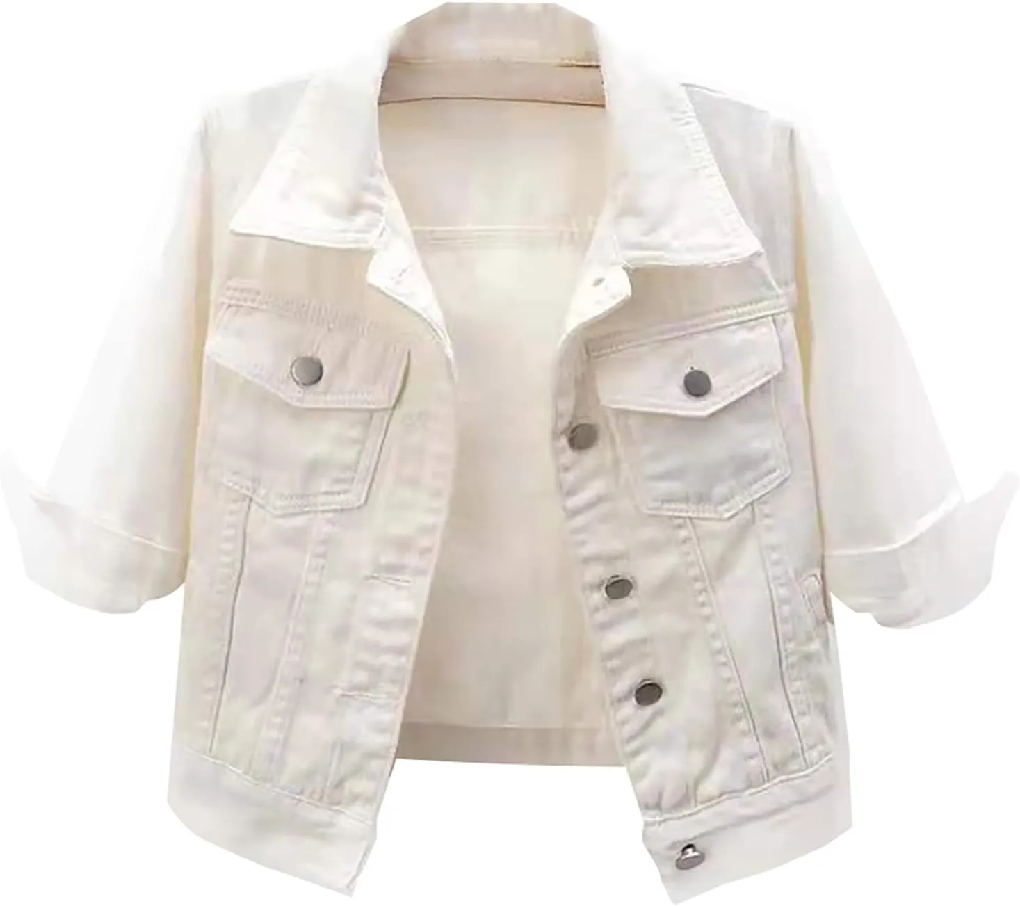 Short Sleeve Denim Jacket for Women 3/4 Sleeve Cropped Light Wash Short Jean Jacket Slim Trucker Coat Denim Tops