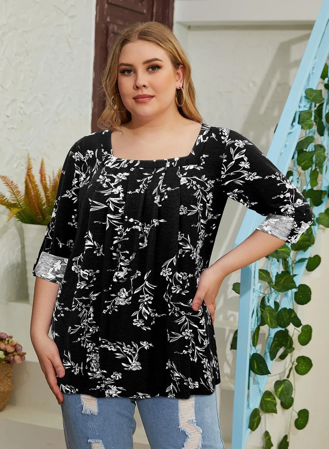 Siddhe Women Short Sleeve Plus Size Tunics, Square Neck Tops Casual Loose Fit T Shirt Blouse Summer 2025
