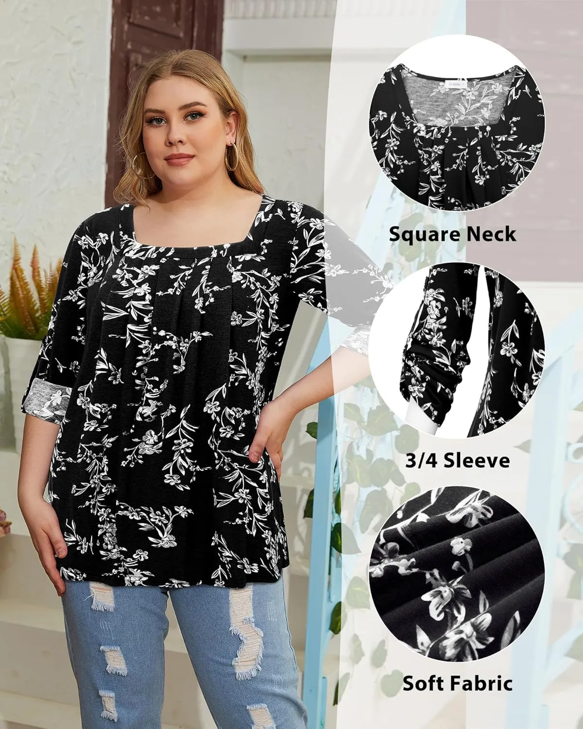 Siddhe Women Short Sleeve Plus Size Tunics, Square Neck Tops Casual Loose Fit T Shirt Blouse Summer 2025