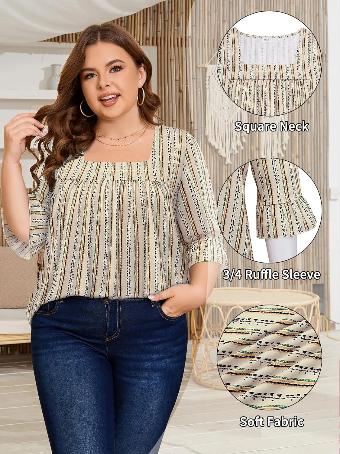 Siddhe Womens Plus Size Tops Loose Fit 3/4 Ruffle Sleeve Blouses Square Neck T Shirt Casual Tunic Tops(1X-5X)