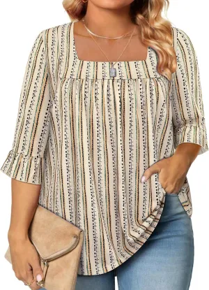 Siddhe Womens Plus Size Tops Loose Fit 3/4 Ruffle Sleeve Blouses Square Neck T Shirt Casual Tunic Tops(1X-5X)