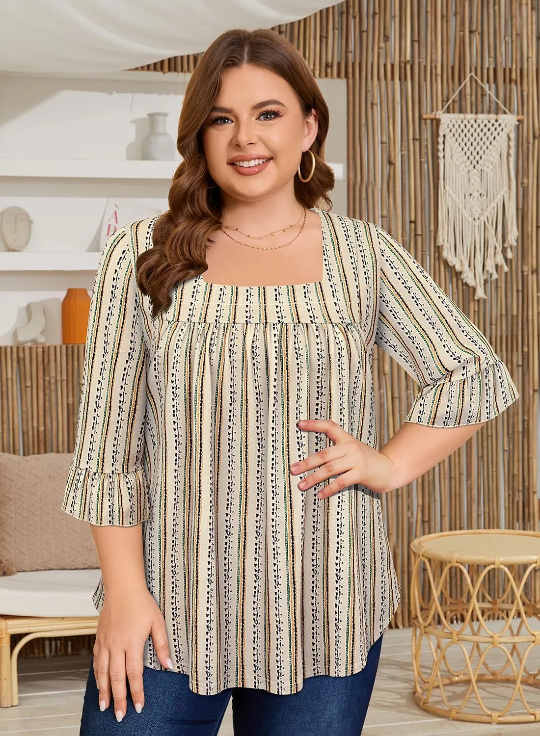 Siddhe Womens Plus Size Tops Loose Fit 3/4 Ruffle Sleeve Blouses Square Neck T Shirt Casual Tunic Tops(1X-5X)