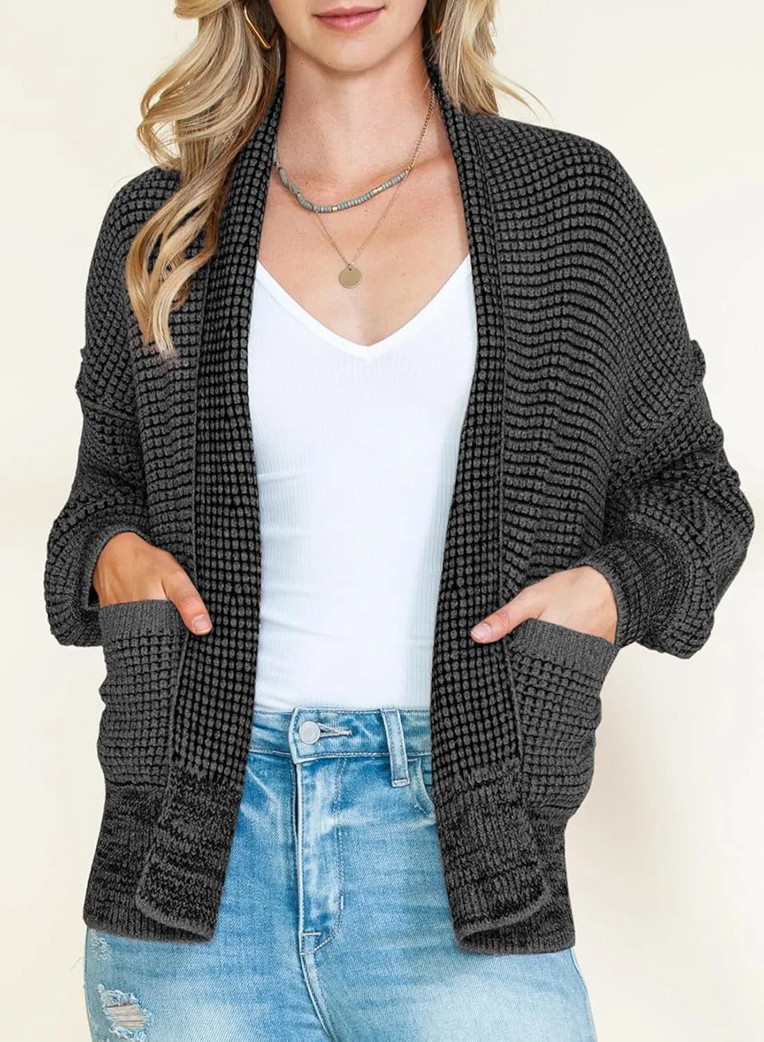 Sidefeel Womens Plaid Short Cardigan Oversized Chunky Long Sleeve Knit Open Front Cardigan Sweaters with Pockets