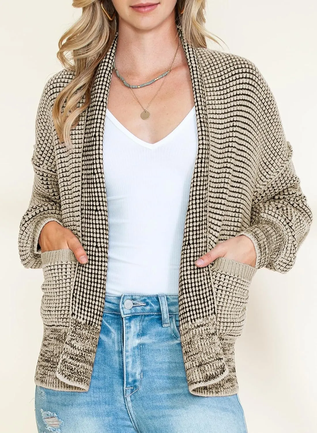 Sidefeel Womens Plaid Short Cardigan Oversized Chunky Long Sleeve Knit Open Front Cardigan Sweaters with Pockets