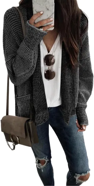 Sidefeel Womens Plaid Short Cardigan Oversized Chunky Long Sleeve Knit Open Front Cardigan Sweaters with Pockets