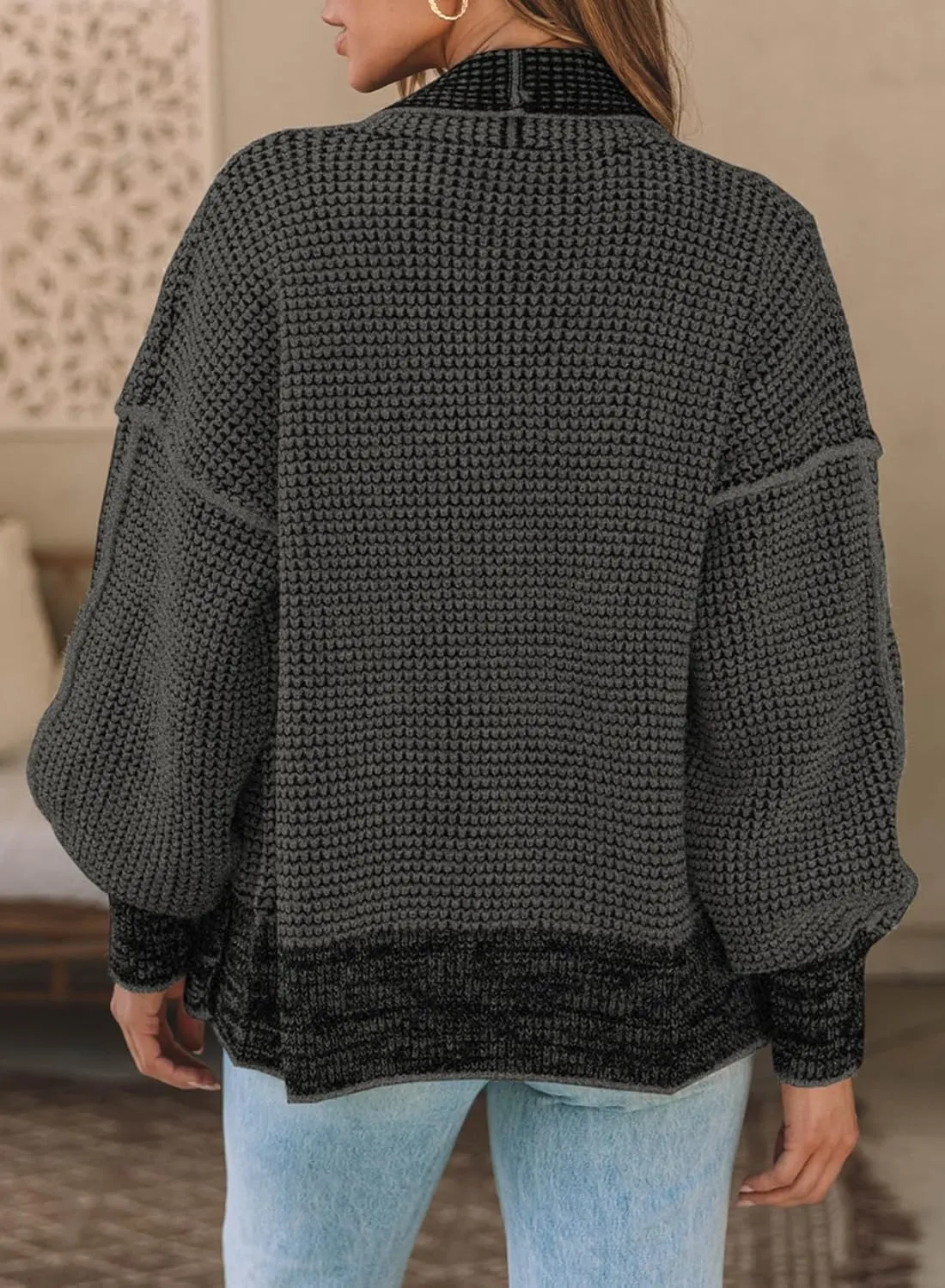 Sidefeel Womens Plaid Short Cardigan Oversized Chunky Long Sleeve Knit Open Front Cardigan Sweaters with Pockets
