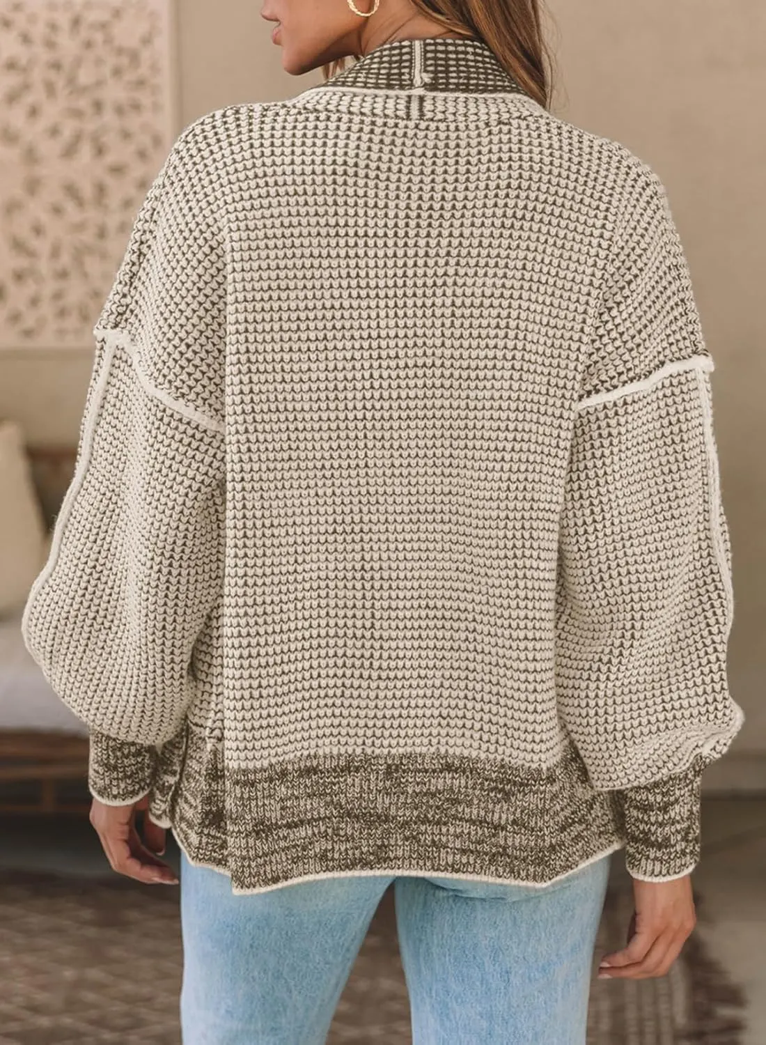 Sidefeel Womens Plaid Short Cardigan Oversized Chunky Long Sleeve Knit Open Front Cardigan Sweaters with Pockets