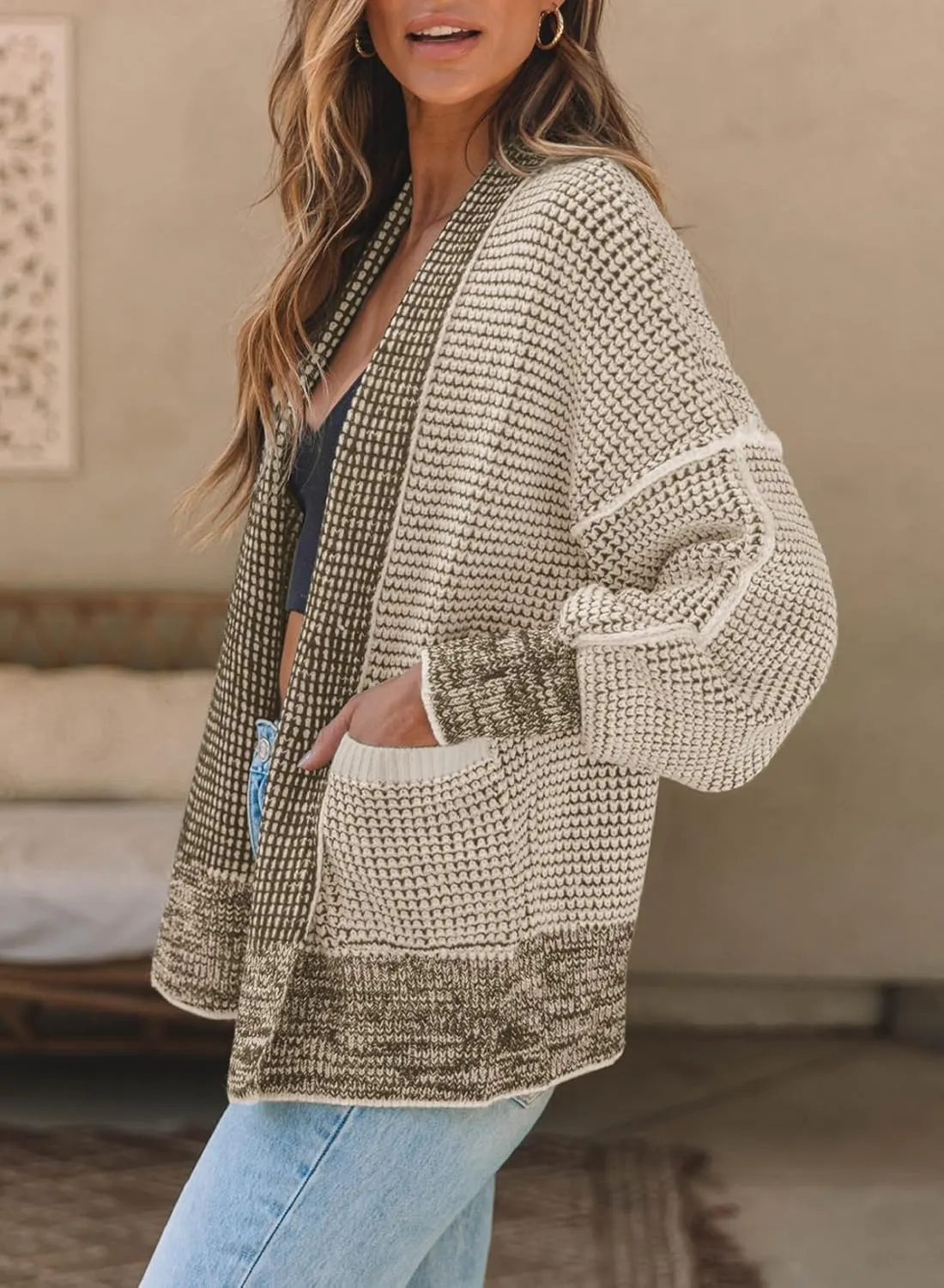 Sidefeel Womens Plaid Short Cardigan Oversized Chunky Long Sleeve Knit Open Front Cardigan Sweaters with Pockets