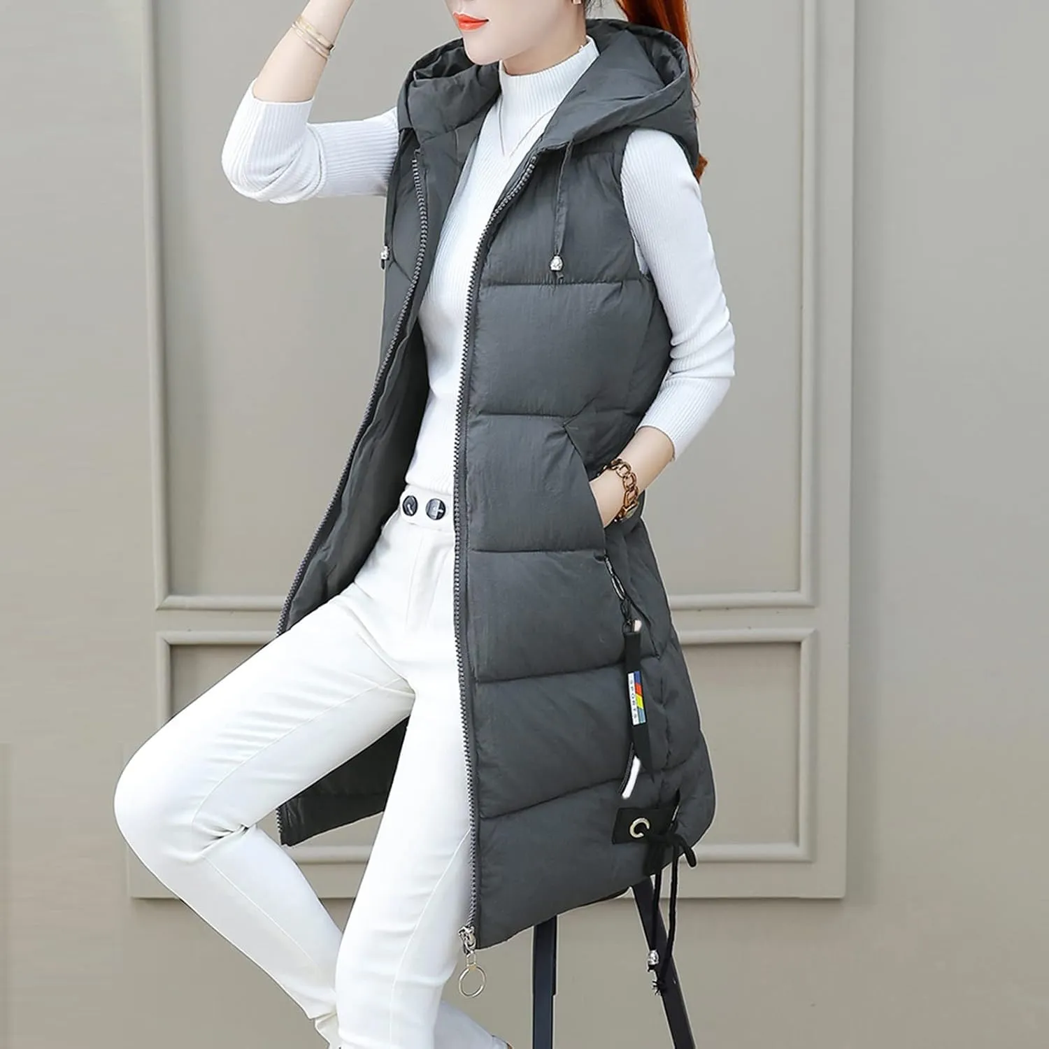 Sleeveless Long Down Jacket Vest for Women Casual Loose Fit Hooded Cotton-Padded Jackets Coats Fashion Vests Tops