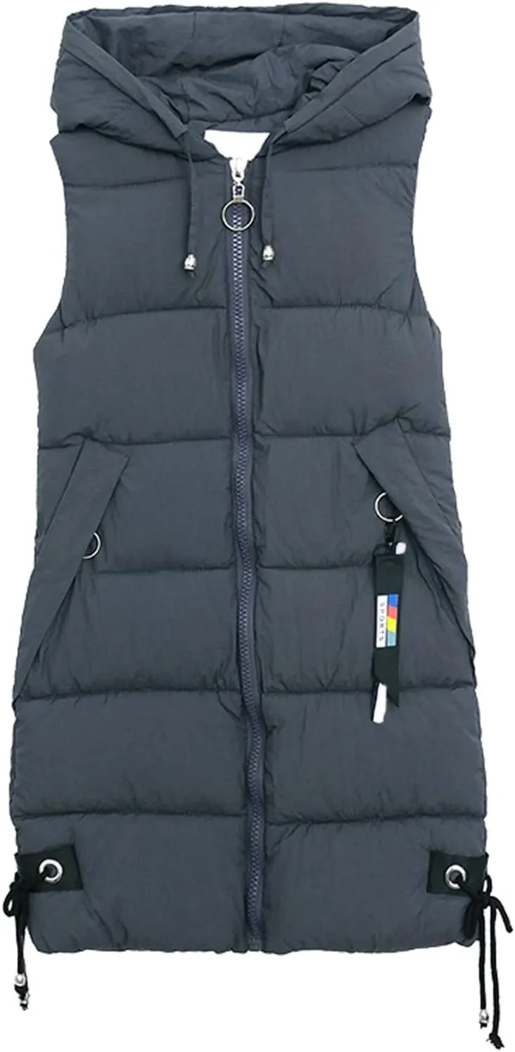 Sleeveless Long Down Jacket Vest for Women Casual Loose Fit Hooded Cotton-Padded Jackets Coats Fashion Vests Tops