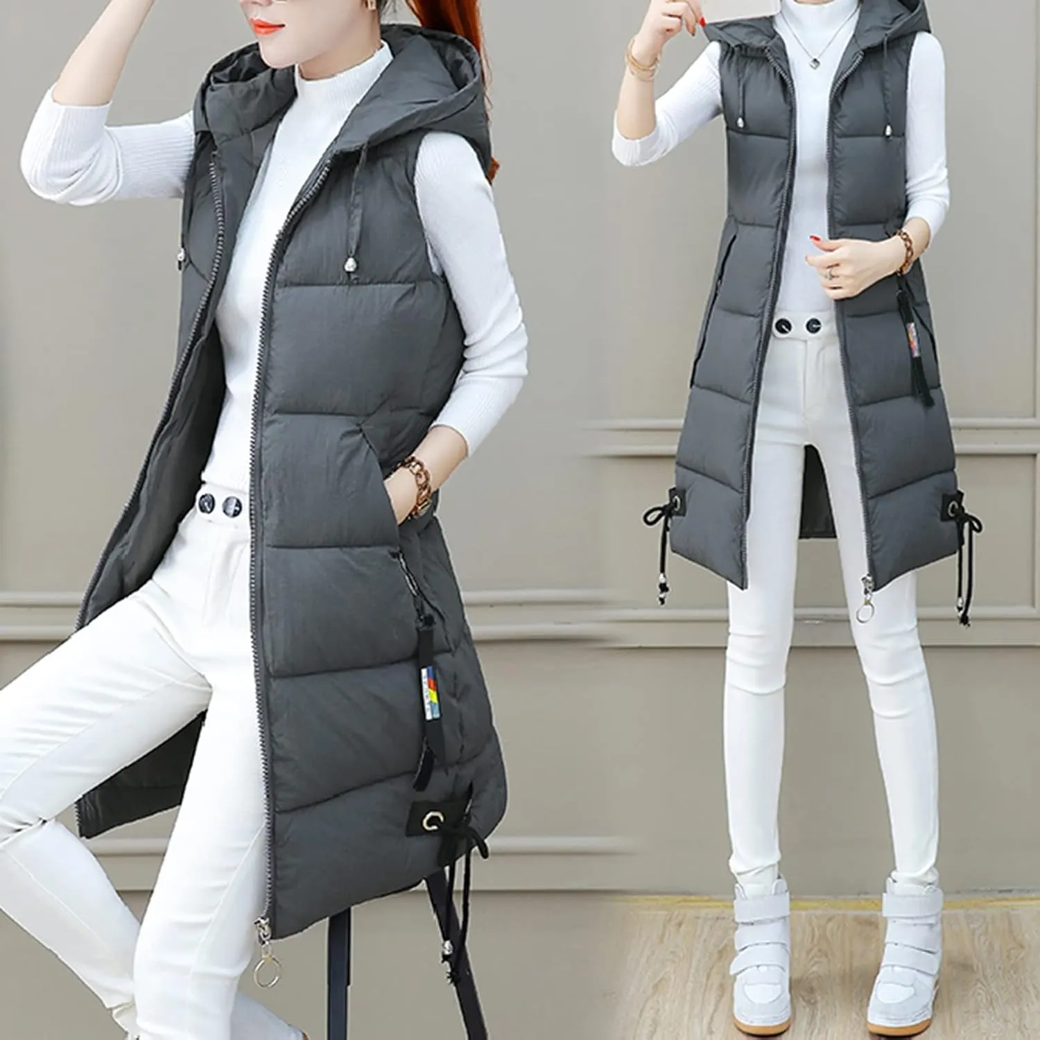 Sleeveless Long Down Jacket Vest for Women Casual Loose Fit Hooded Cotton-Padded Jackets Coats Fashion Vests Tops