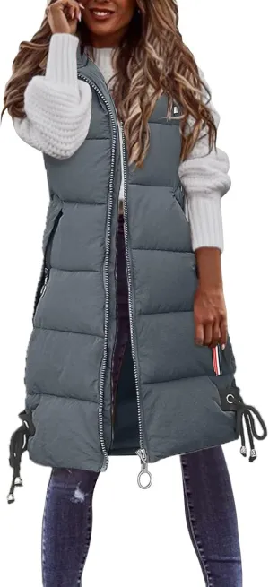 Sleeveless Long Down Jacket Vest for Women Casual Loose Fit Hooded Cotton-Padded Jackets Coats Fashion Vests Tops