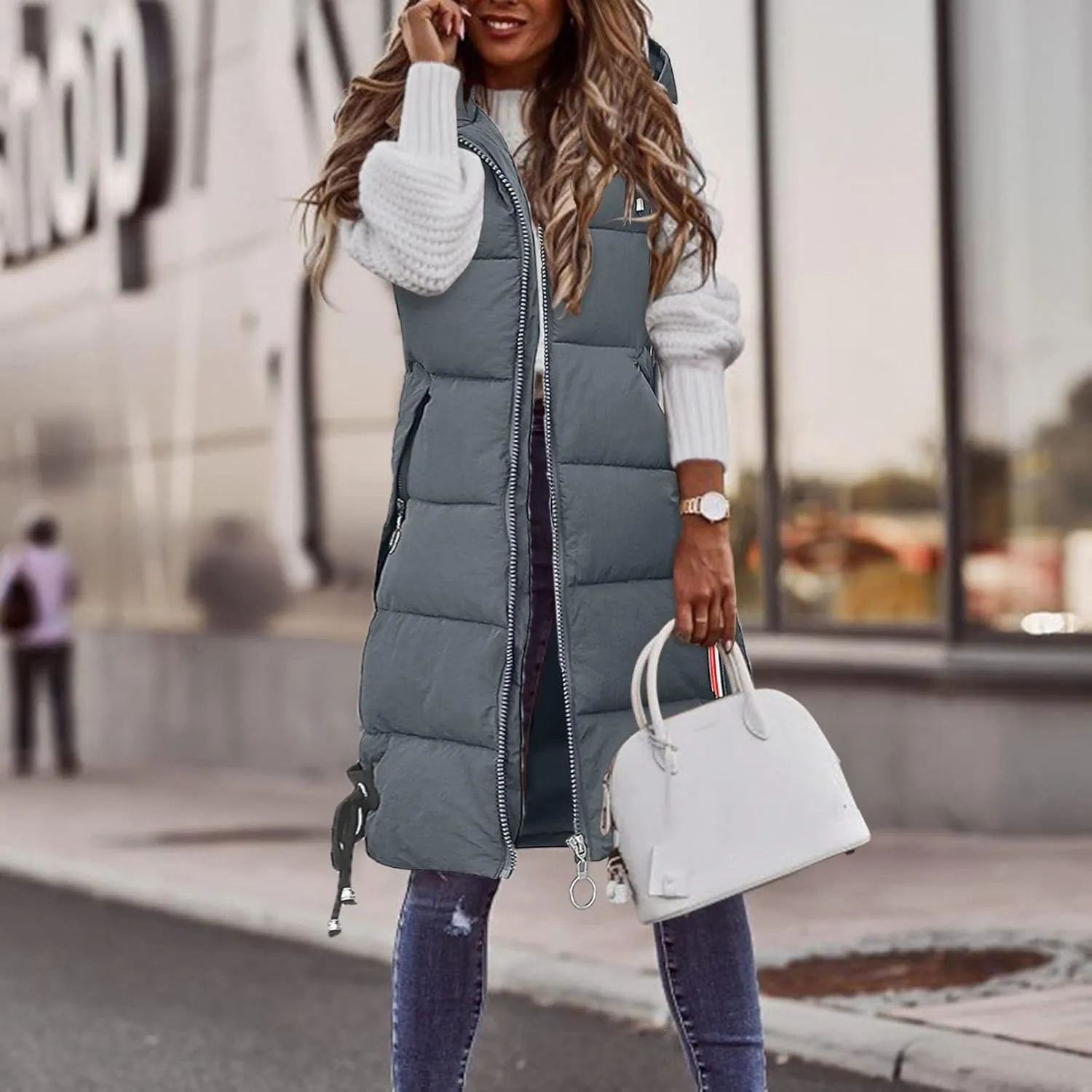 Sleeveless Long Down Jacket Vest for Women Casual Loose Fit Hooded Cotton-Padded Jackets Coats Fashion Vests Tops