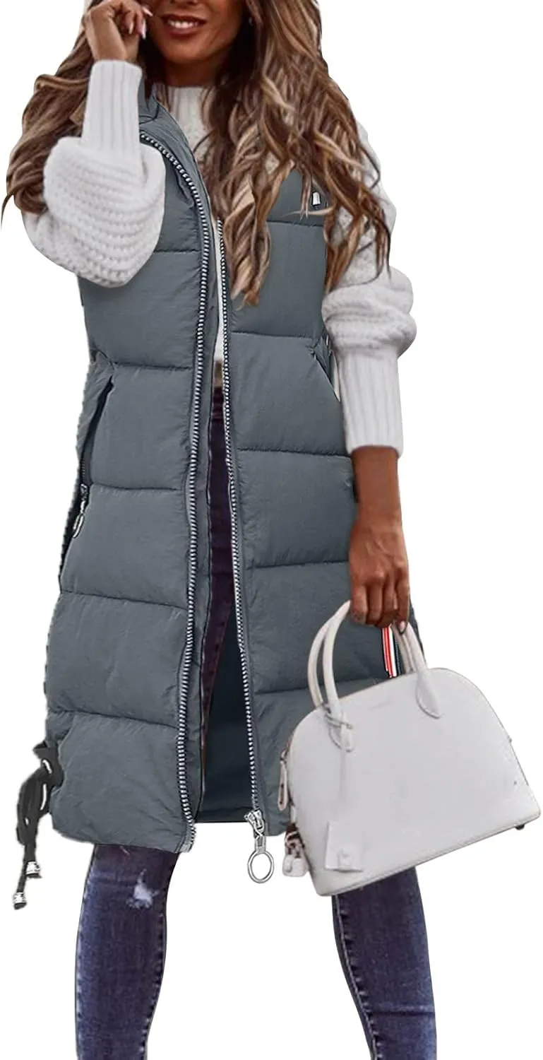Sleeveless Long Down Jacket Vest for Women Casual Loose Fit Hooded Cotton-Padded Jackets Coats Fashion Vests Tops