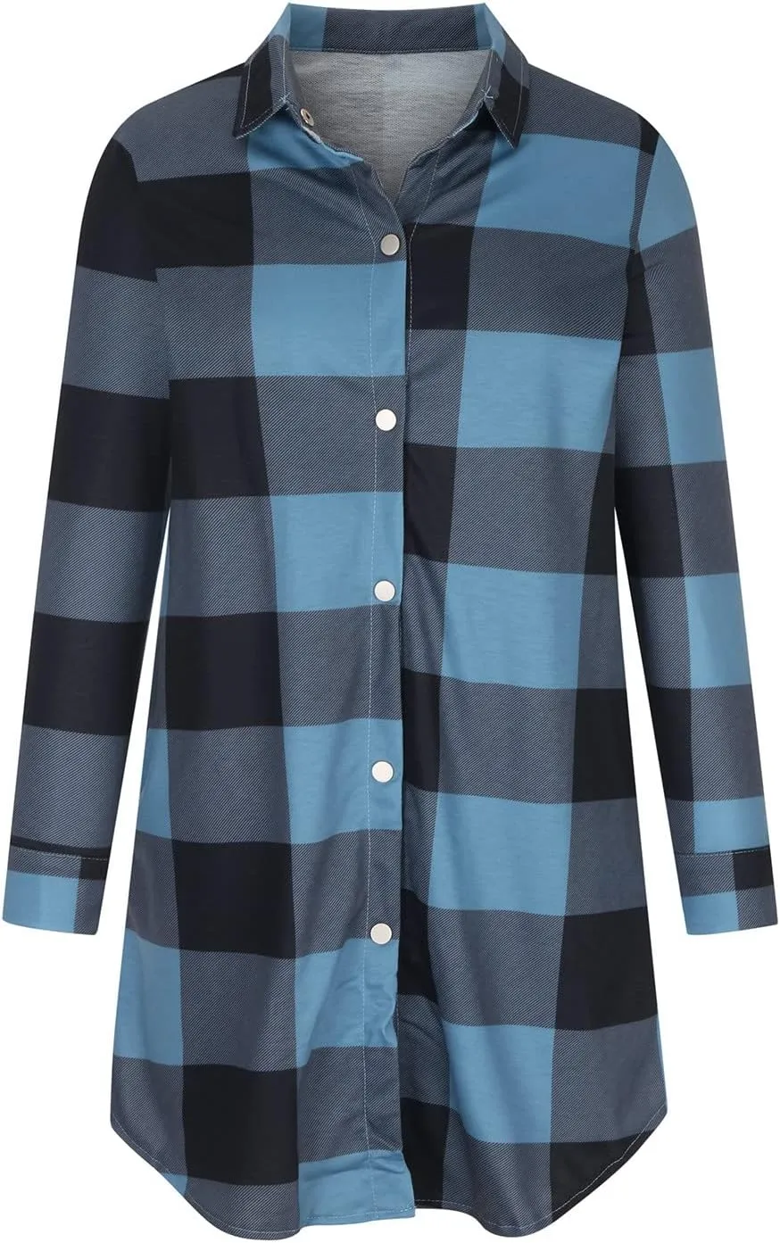 SMIDOW Womens Fall 2023 Casual Button Cardigan Jacket Outwears Flannel Plaid Long Shacket Jacket Tartan Trench Coat