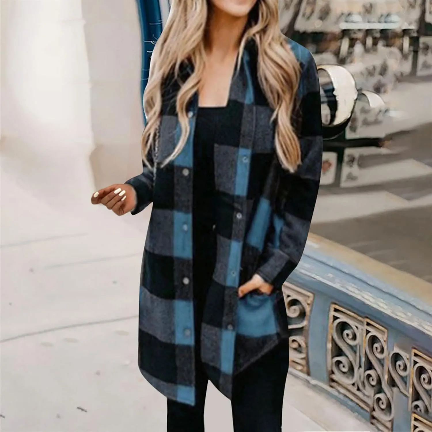 SMIDOW Womens Fall 2023 Casual Button Cardigan Jacket Outwears Flannel Plaid Long Shacket Jacket Tartan Trench Coat
