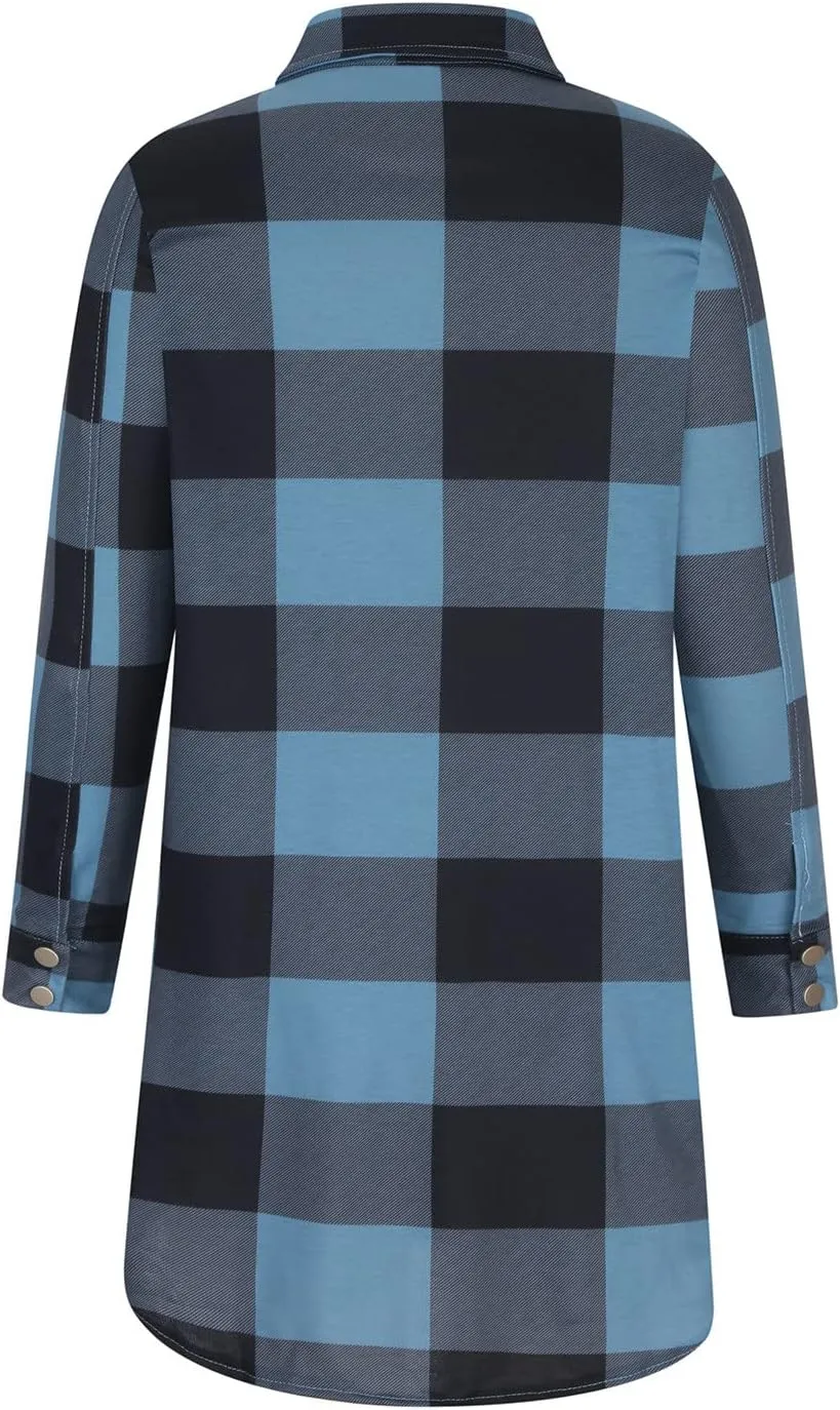 SMIDOW Womens Fall 2023 Casual Button Cardigan Jacket Outwears Flannel Plaid Long Shacket Jacket Tartan Trench Coat