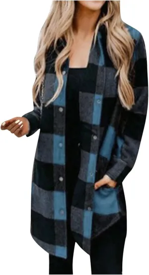 SMIDOW Womens Fall 2023 Casual Button Cardigan Jacket Outwears Flannel Plaid Long Shacket Jacket Tartan Trench Coat