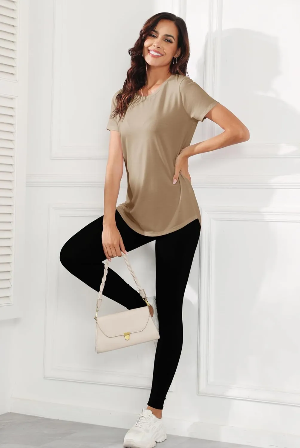 Smile Fish Women Crewneck Loose Fit Tunic Tops Short Sleeve Dressy Casual Summer Long Tee Shirts