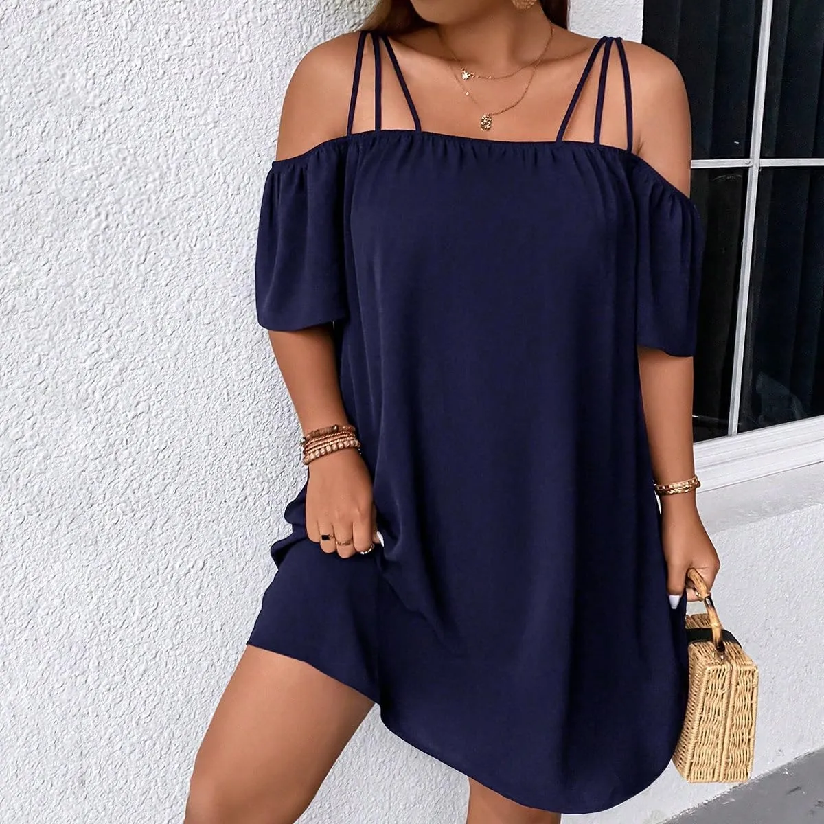 SOLY HUX Women's Plus Size Dresses Off Shoulder Short Sleeve Short Dresses Causal Loose Tunic Summer Dress