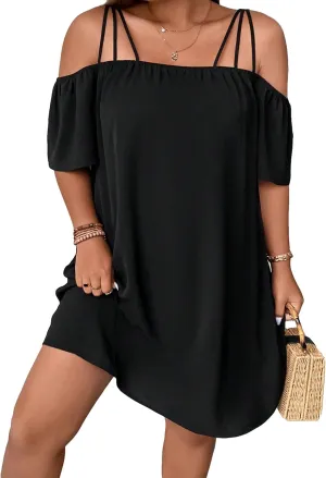 SOLY HUX Women's Plus Size Dresses Off Shoulder Short Sleeve Short Dresses Causal Loose Tunic Summer Dress