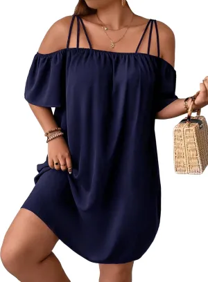 SOLY HUX Women's Plus Size Dresses Off Shoulder Short Sleeve Short Dresses Causal Loose Tunic Summer Dress