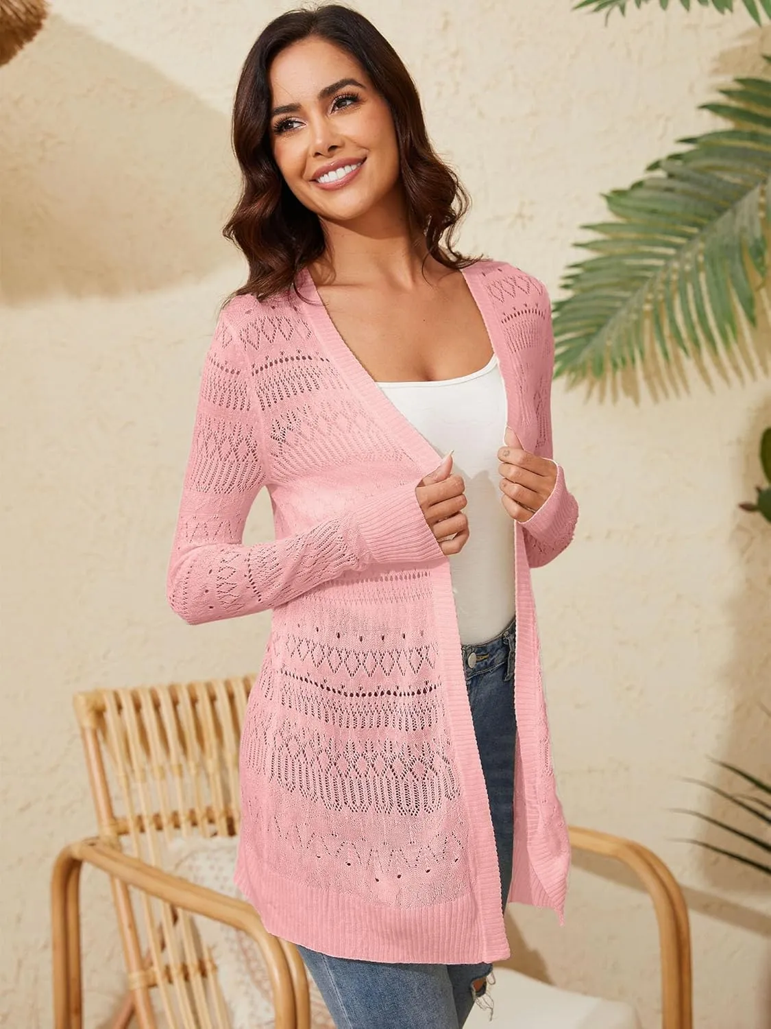 Spicy Sandia Womens Lightweight Crochet Cardigan Long Sleeve Boho Summer Sweater Beach Vacation Trendy Outfit