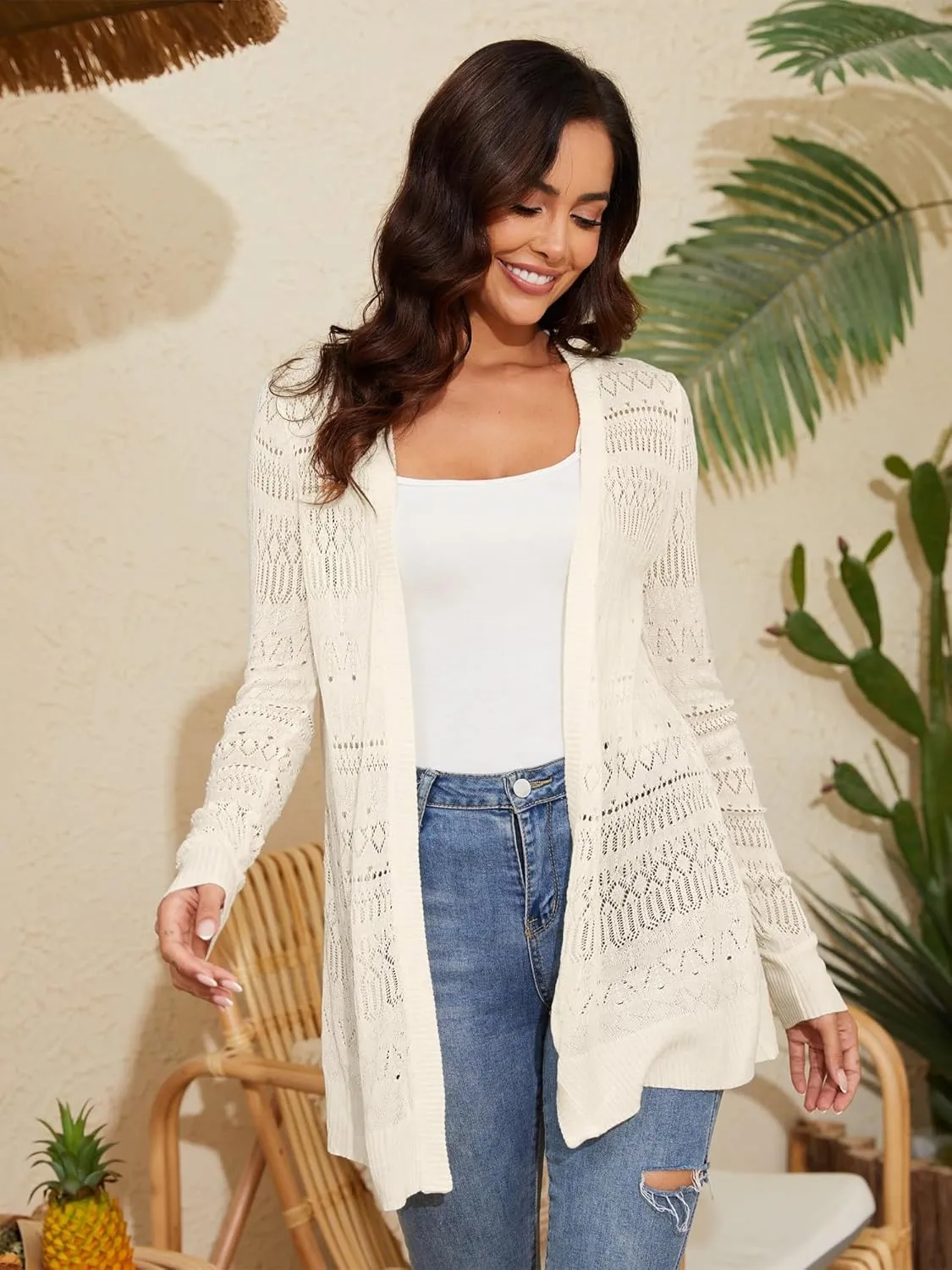 Spicy Sandia Womens Lightweight Crochet Cardigan Long Sleeve Boho Summer Sweater Beach Vacation Trendy Outfit