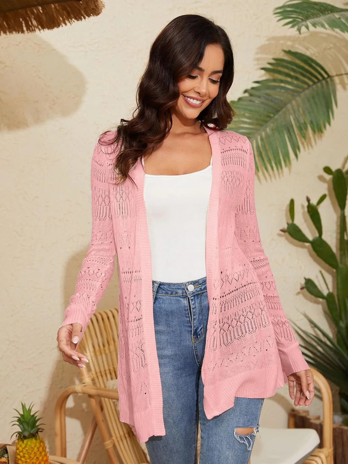 Spicy Sandia Womens Lightweight Crochet Cardigan Long Sleeve Boho Summer Sweater Beach Vacation Trendy Outfit