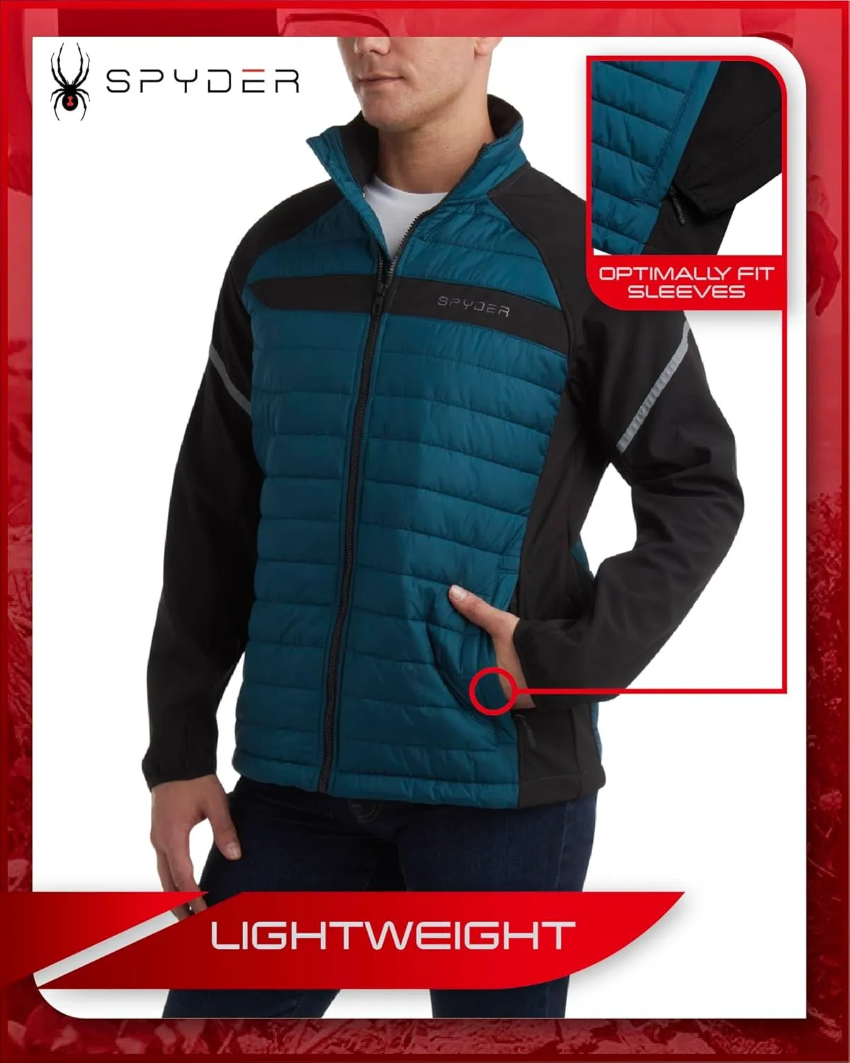 Spyder Men's Active 2fer Jacket - Midweight Insulated Quilted Puffer Bubble Windbreaker with Softshell Sleeves (Sizes: S-XL)