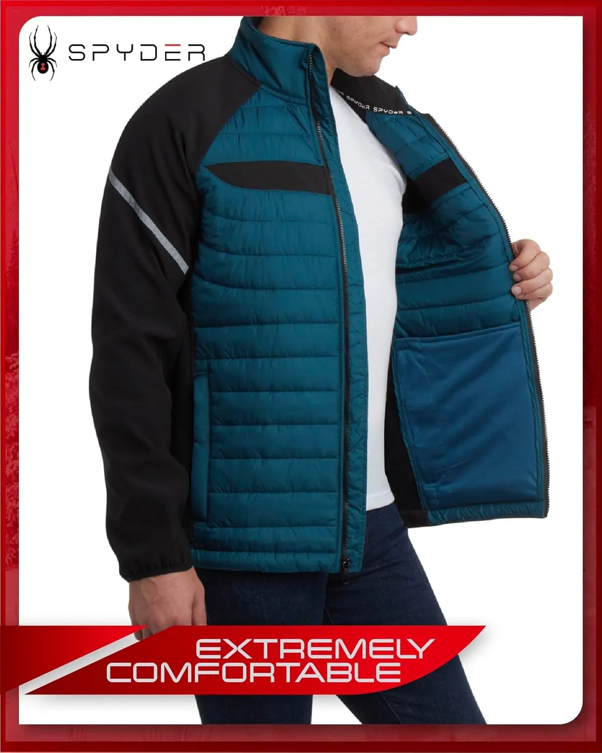 Spyder Men's Active 2fer Jacket - Midweight Insulated Quilted Puffer Bubble Windbreaker with Softshell Sleeves (Sizes: S-XL)