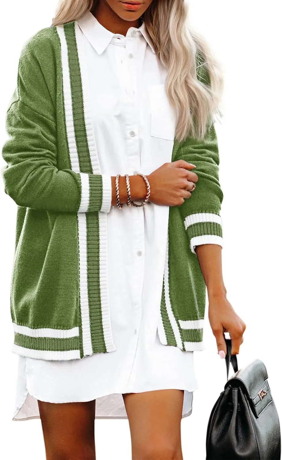 Striped Cardigan Sweaters for Women Knit Open Front Long Cardigan Colorblock Varsity Trendy Tennis Cardigan with Pockets
