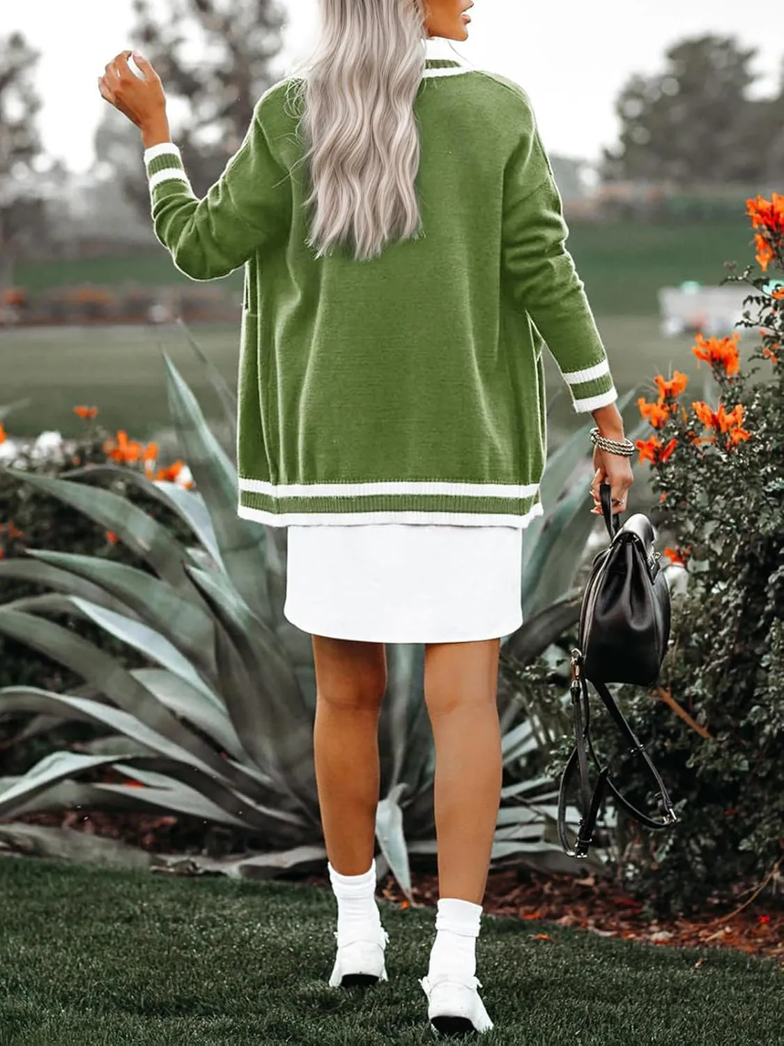 Striped Cardigan Sweaters for Women Knit Open Front Long Cardigan Colorblock Varsity Trendy Tennis Cardigan with Pockets