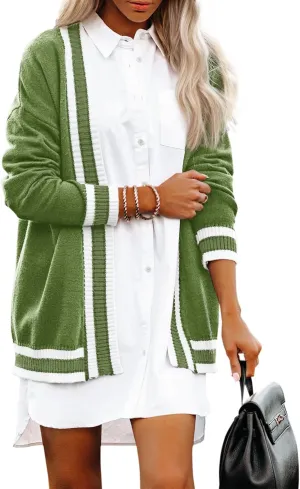 Striped Cardigan Sweaters for Women Knit Open Front Long Cardigan Colorblock Varsity Trendy Tennis Cardigan with Pockets