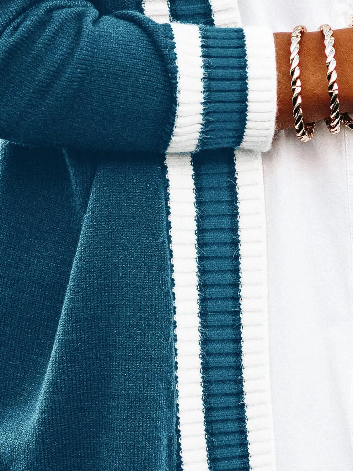 Striped Cardigan Sweaters for Women Knit Open Front Long Cardigan Colorblock Varsity Trendy Tennis Cardigan with Pockets