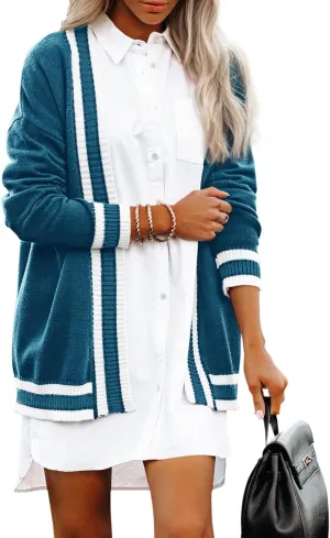 Striped Cardigan Sweaters for Women Knit Open Front Long Cardigan Colorblock Varsity Trendy Tennis Cardigan with Pockets