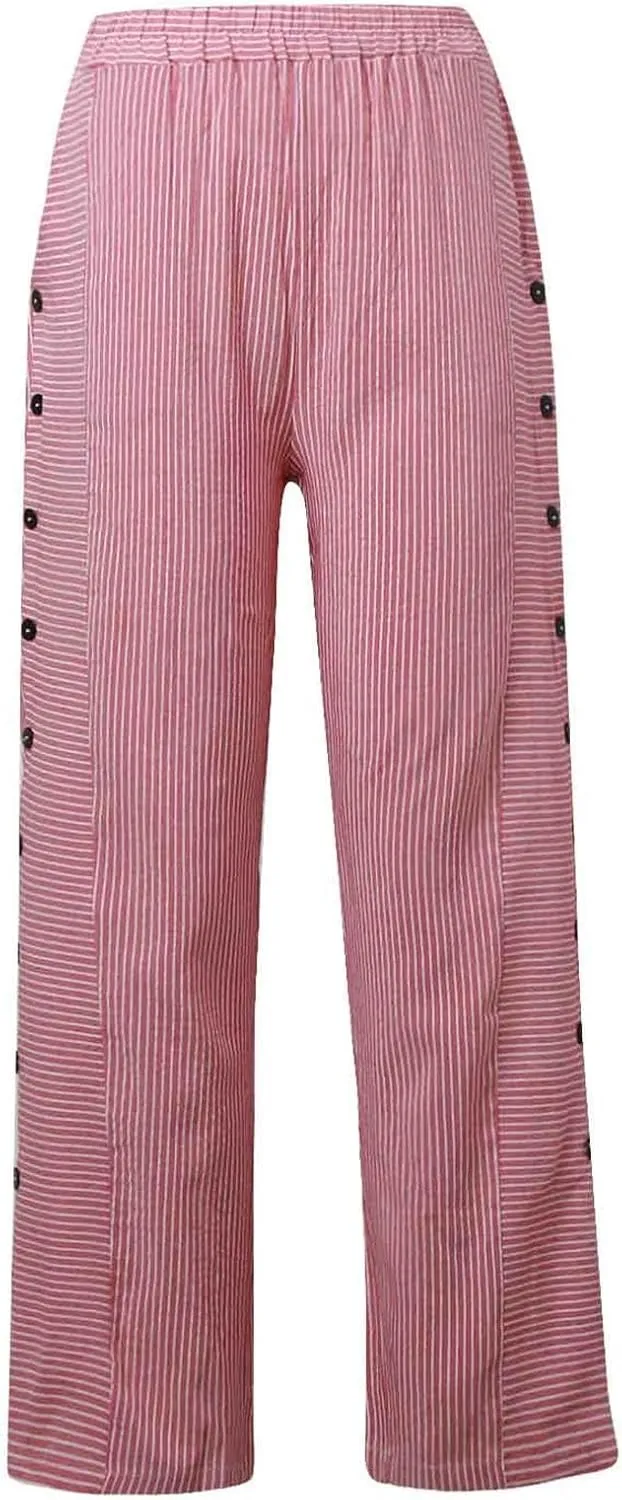 Striped Pants for Women Baggy Side Button Slit Elastic High Waisted Pants Wide Leg Loose Lounge Trouser with Pockets