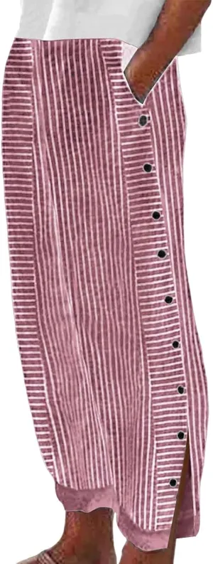 Striped Pants for Women Baggy Side Button Slit Elastic High Waisted Pants Wide Leg Loose Lounge Trouser with Pockets
