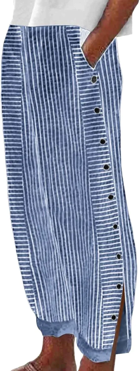 Striped Pants for Women Baggy Side Button Slit Elastic High Waisted Pants Wide Leg Loose Lounge Trouser with Pockets
